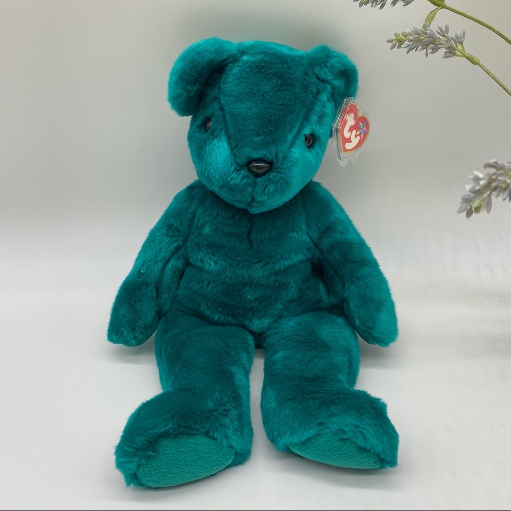 Ty Beanie Buddy Teddy Teal Beanie Baby Old Face Style Missing Ribbon With Tag